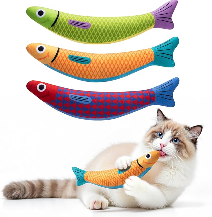 PetBusy Cat Toys with[5000mg A+Natural Catnip &amp;Silvervine] [Baby Grade] Interactive Soft Chew Kicker Cat Toys for Indoor Cats &amp; Kittens, [Crinkle &amp;Bell] Fish Sound Toy, Drives Bored Cat Crazy with Fun